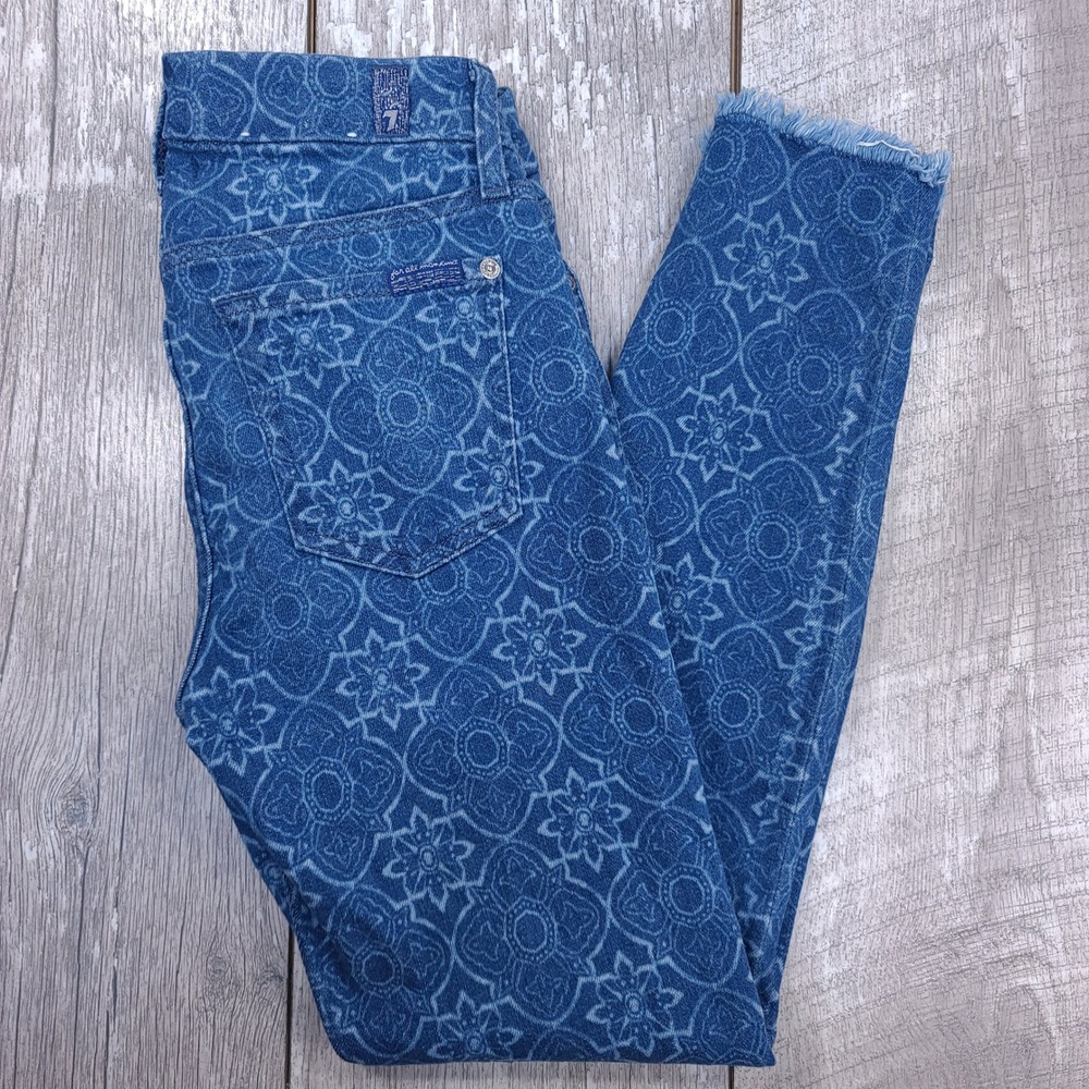 7 For All Mankind Jeans Womens 26 Blue Mandala Tile Print Raw Hem Skinny Ankle